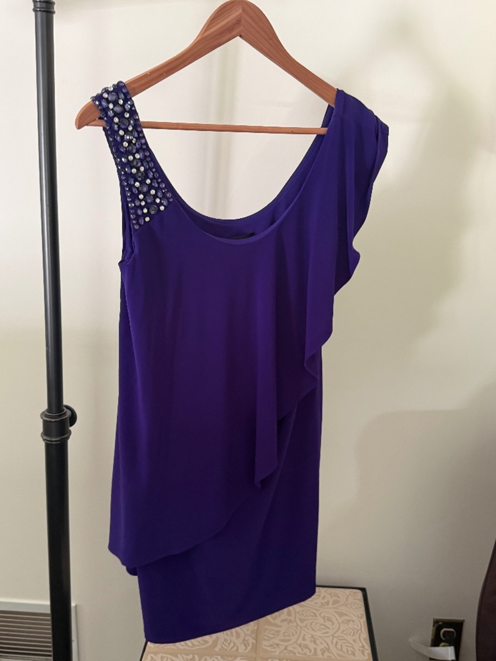 Betsy & Adam Purple Embellished Shoulder Cascading Ruffle Cocktail Dress